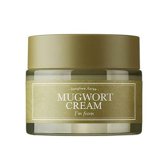 Green jar of soothing Mugwort Cream with minimalist label and matching cap on a white background