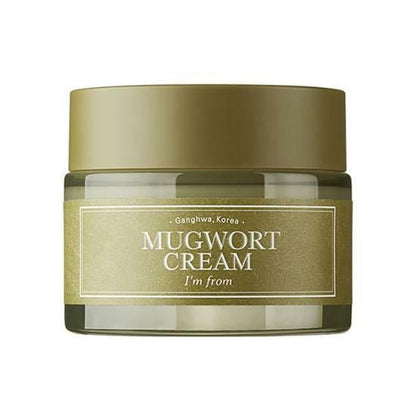 Green jar of soothing Mugwort Cream with minimalist label and matching cap on a white background