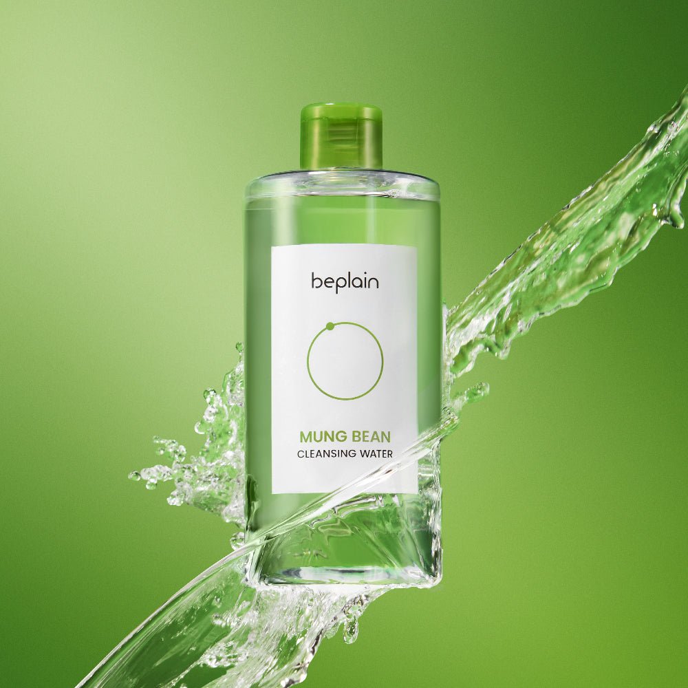 beplain Mung Bean Cleansing Water 400ml in clear bottle with green cap surrounded by splashing water highlighting gentle cleansing benefits