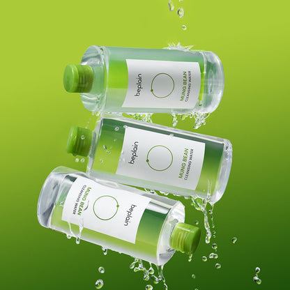 beplain Mung Bean Cleansing Water 400ml clear bottles with green caps surrounded by splashing water for gentle cleansing