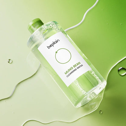 beplain Mung Bean Cleansing Water 400ml bottle with gentle cleansing formula on green background with water droplets