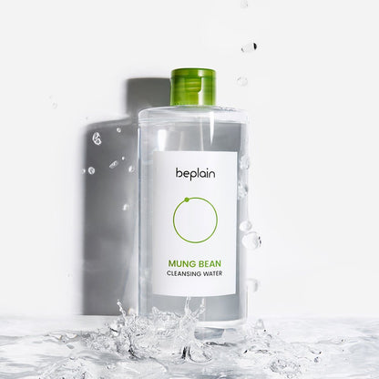 beplain Mung Bean Cleansing Water 400ml clear bottle with green cap surrounded by splashing water droplets