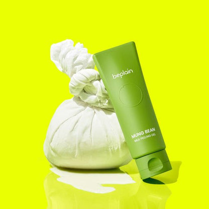 beplain Mung Bean Milk Peeling Gel 120ml tube in green with white cloth pouch on bright yellow background