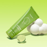 beplain Mung Bean pH-Balanced Cleansing Foam 160ml in green tube with hydrating cleanser on lime background