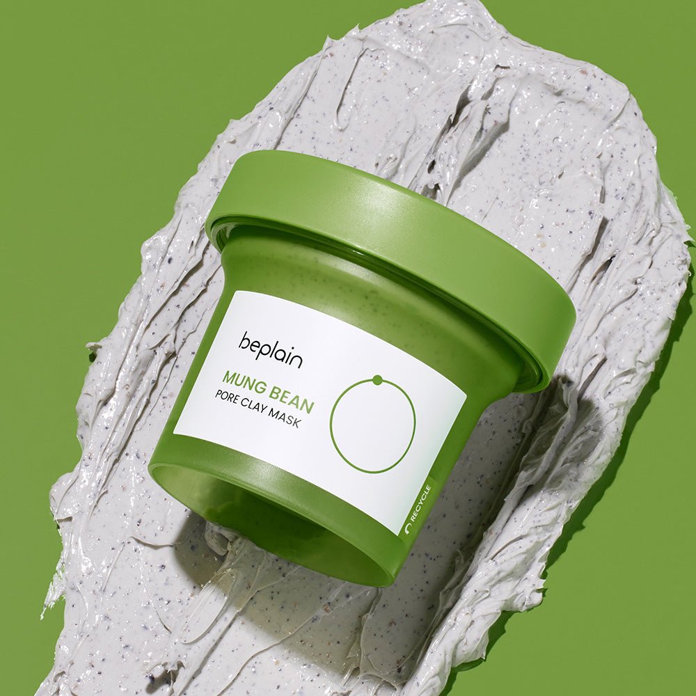 beplain Mung Bean Pore Clay Pack 120ml in green container on light clay texture highlighting detoxification benefits