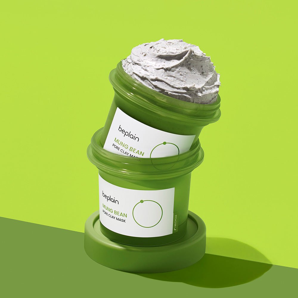 beplain Mung Bean Pore Clay Pack 120ml in green jars with creamy textured clay highlighting detoxification benefits