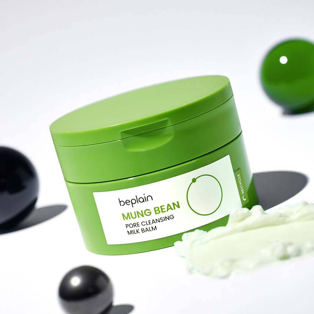 beplain Mung Bean Pore Cleansing Milk Balm 100ml in green jar with smooth cream texture for deep cleansing pores