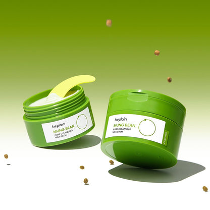 beplain Mung Bean Pore Cleansing Milk Balm 100ml in green jars with spatula and deep cleansing benefits on gradient green background