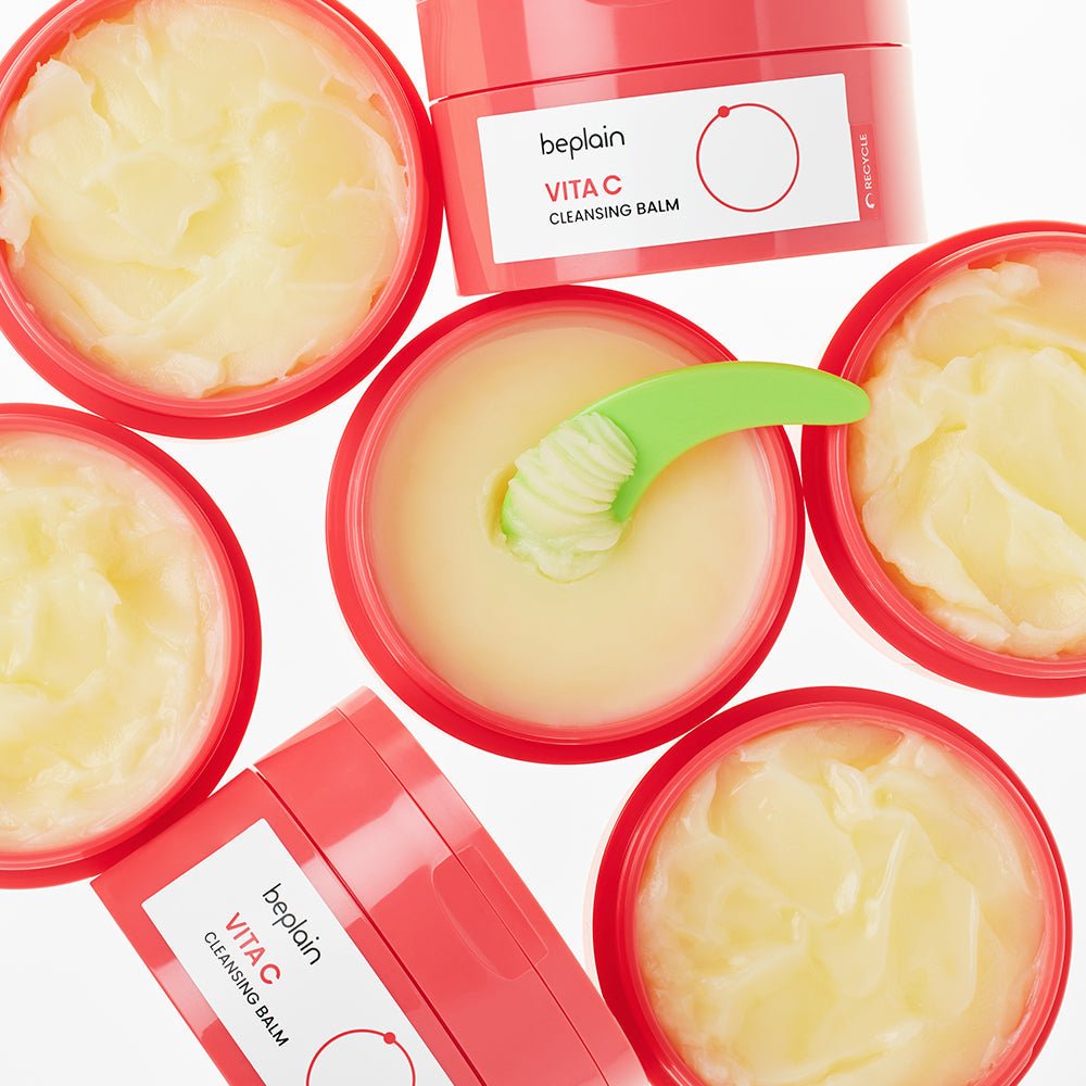 beplain Vita C Cleansing Balm 100ml open jars showing creamy balm texture with green spatula for effective cleansing