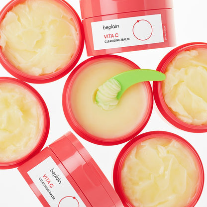 beplain Vita C Cleansing Balm 100ml open jars showing creamy balm texture with green spatula for effective cleansing