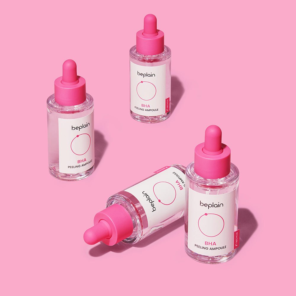 beplain BHA Peeling Ampoule 30ml clear bottles with pink droppers arranged on pink background for effective exfoliation