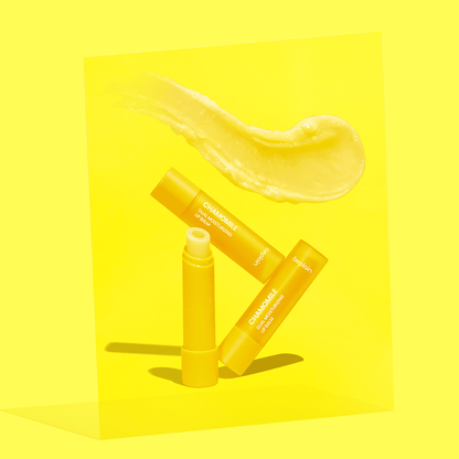 beplain Chamomile Dual Moisturizing Lip Balm 3.6g in yellow tubes with creamy lip balm texture on bright yellow background