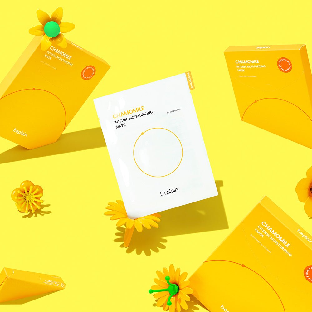 beplain Chamomile Intense Moisturizing 10P sheet mask with vibrant yellow packaging and intense hydration benefits