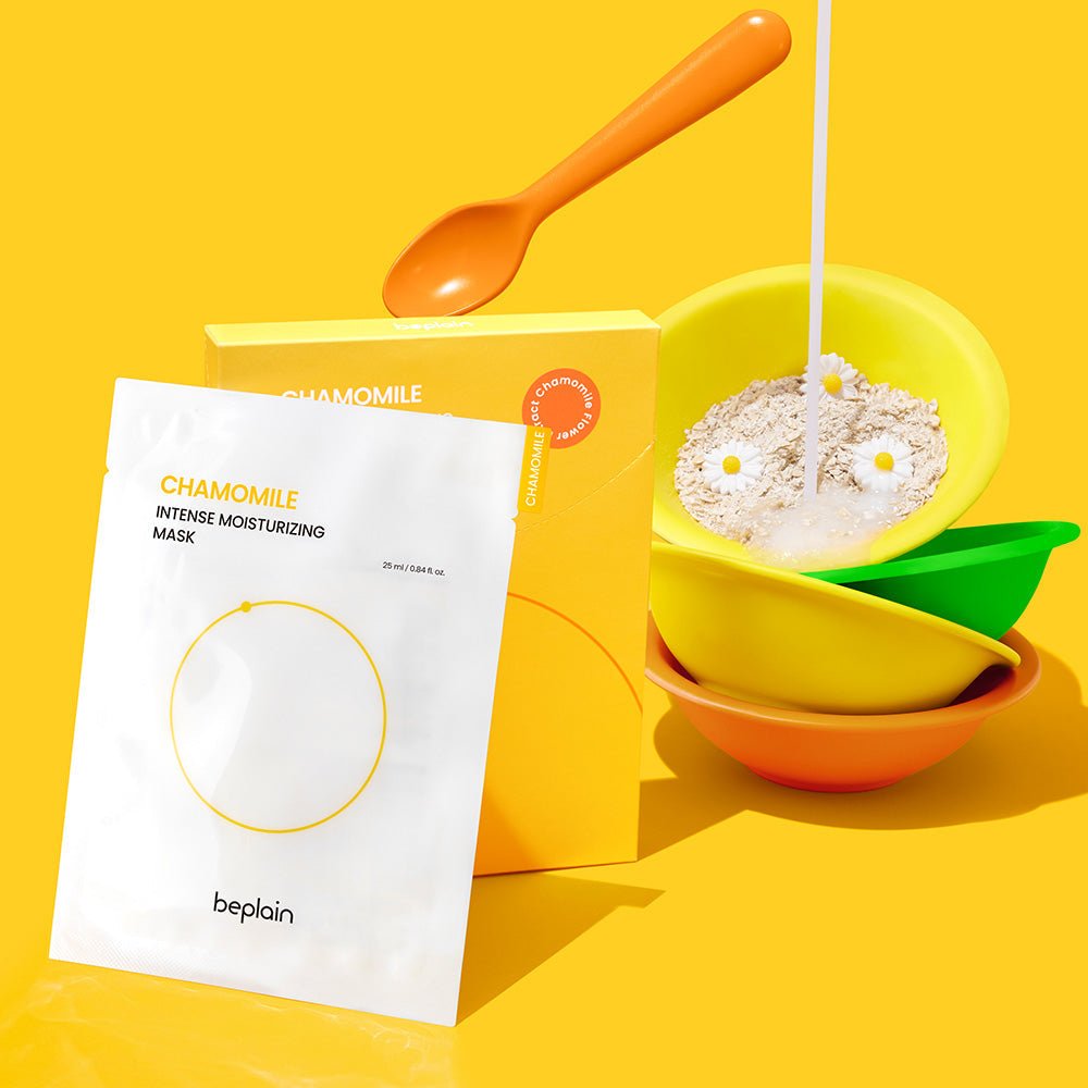 beplain Chamomile Intense Moisturizing 10P with nourishing powder and milk pouring into colorful bowls for hydration