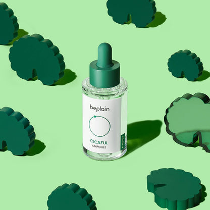 beplain Cicaful Ampoule 30ml dropper bottle with soothing relief serum on green background with decorative shapes