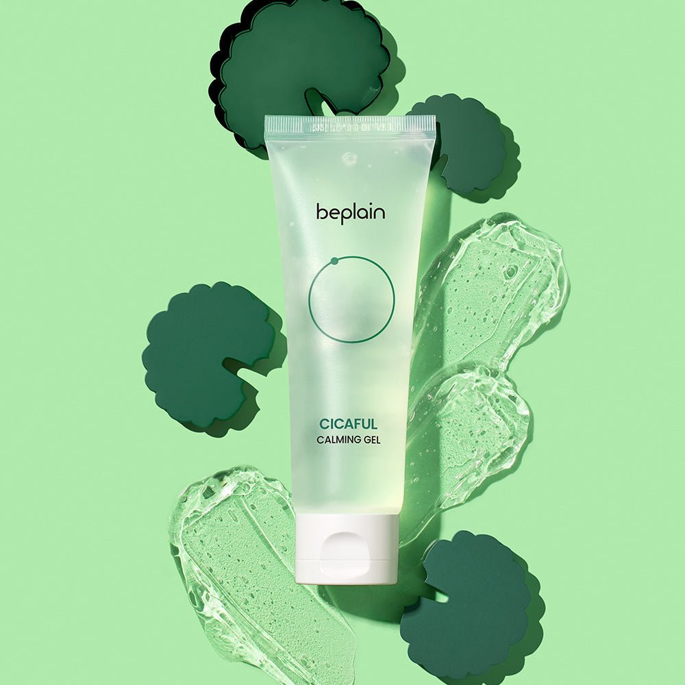 beplain Cicaful Calming Gel 80ml tube on green background with gel texture and calming effect theme