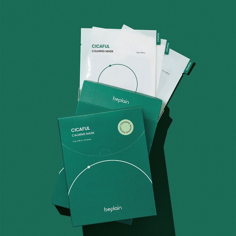 beplain Cicaful Calming Mask 10P soothing hydration facial mask packets and green box on dark green background