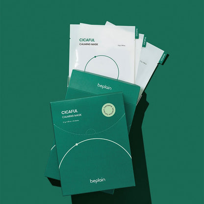 beplain Cicaful Calming Mask 10P soothing hydration facial mask packets and green box on dark green background