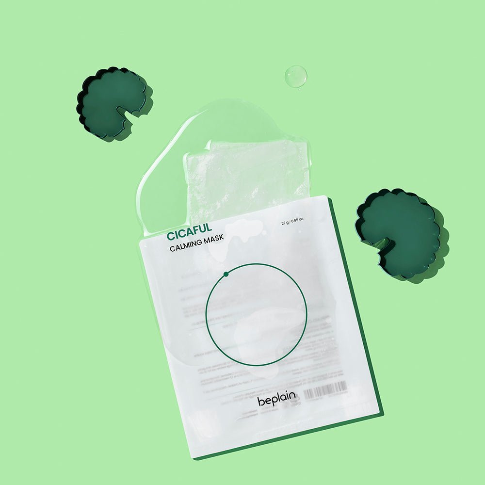 beplain Cicaful Calming Mask 10P in white pack with soothing hydration effect and green leaf accents on green background