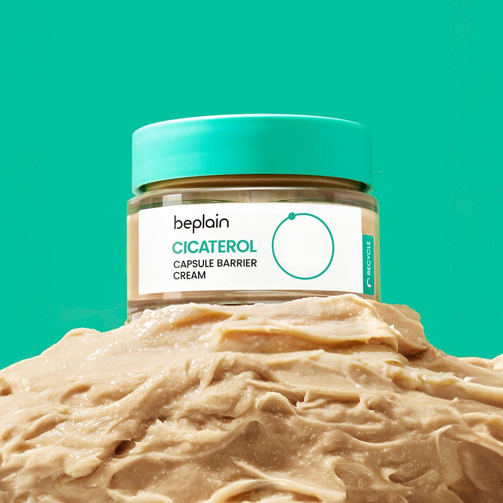 beplain Cicaterol Capsule Barrier Cream 50ml in clear jar with light turquoise lid on creamy textured base for high moisture