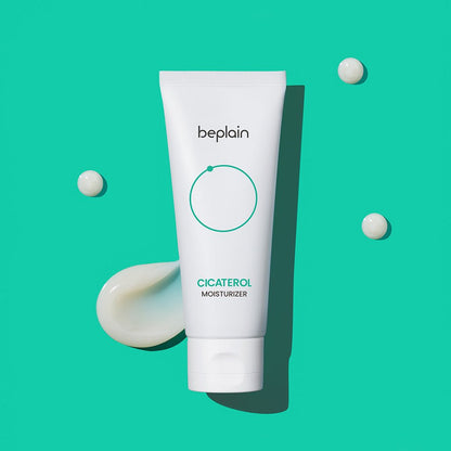 beplain Cicaterol Moisturizer 60ml in white tube with hydrating cream swatches on bright turquoise background