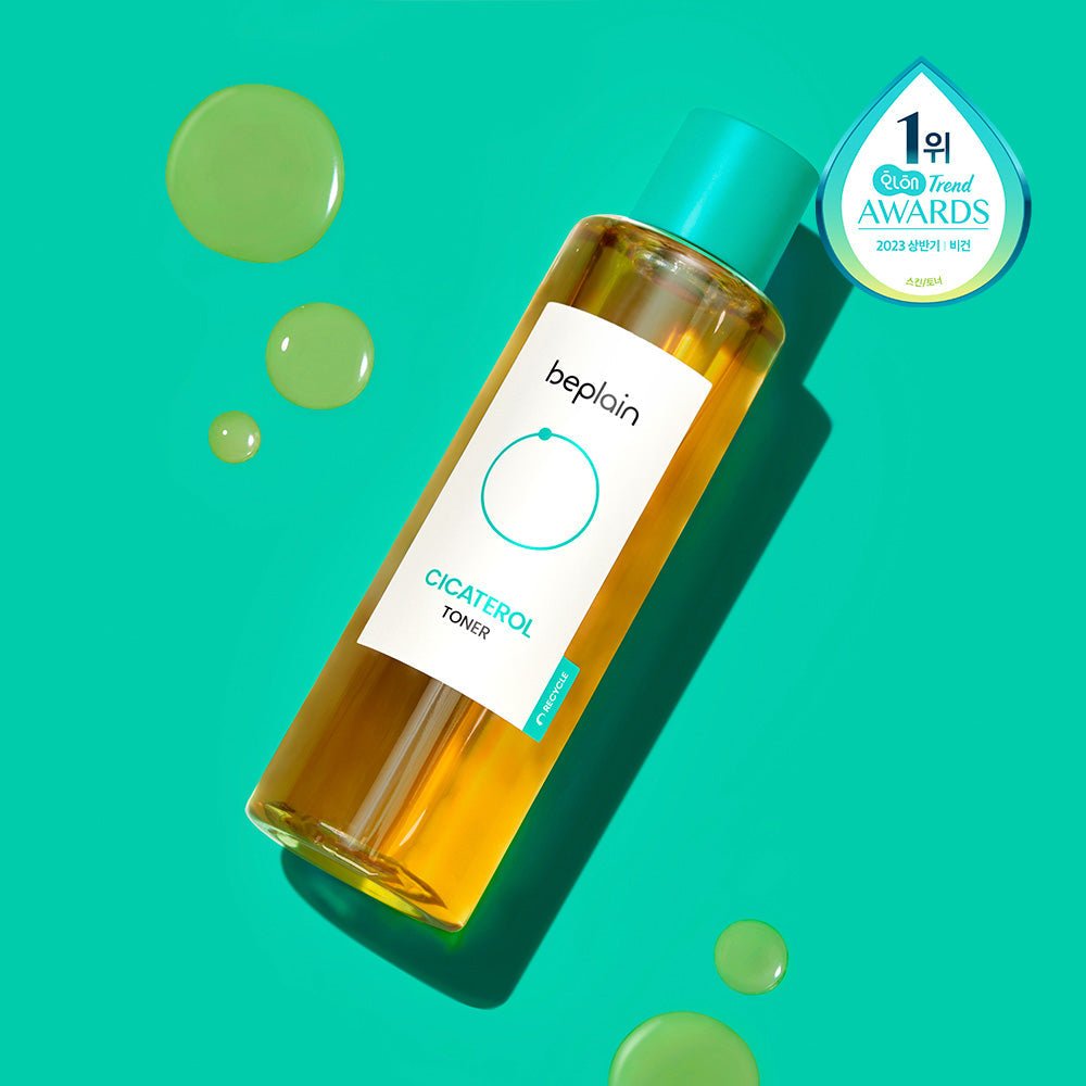 beplain Cicaterol Toner 200ml in transparent bottle with teal cap and enhanced absorption benefits on turquoise background