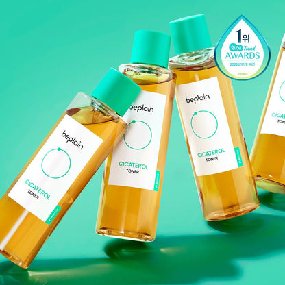 beplain Cicaterol Toner 200ml bottles with aqua green caps showcasing enhanced absorption and skincare award badge