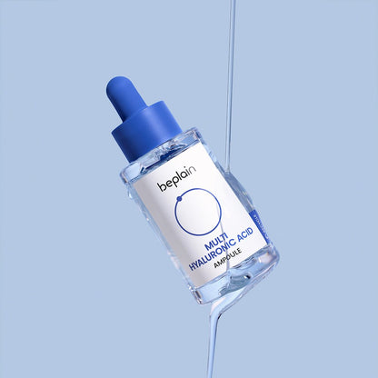 beplain Multi Hyaluronic Acid Ampoule 30ml with deep hydration formula in clear glass bottle and blue dropper cap