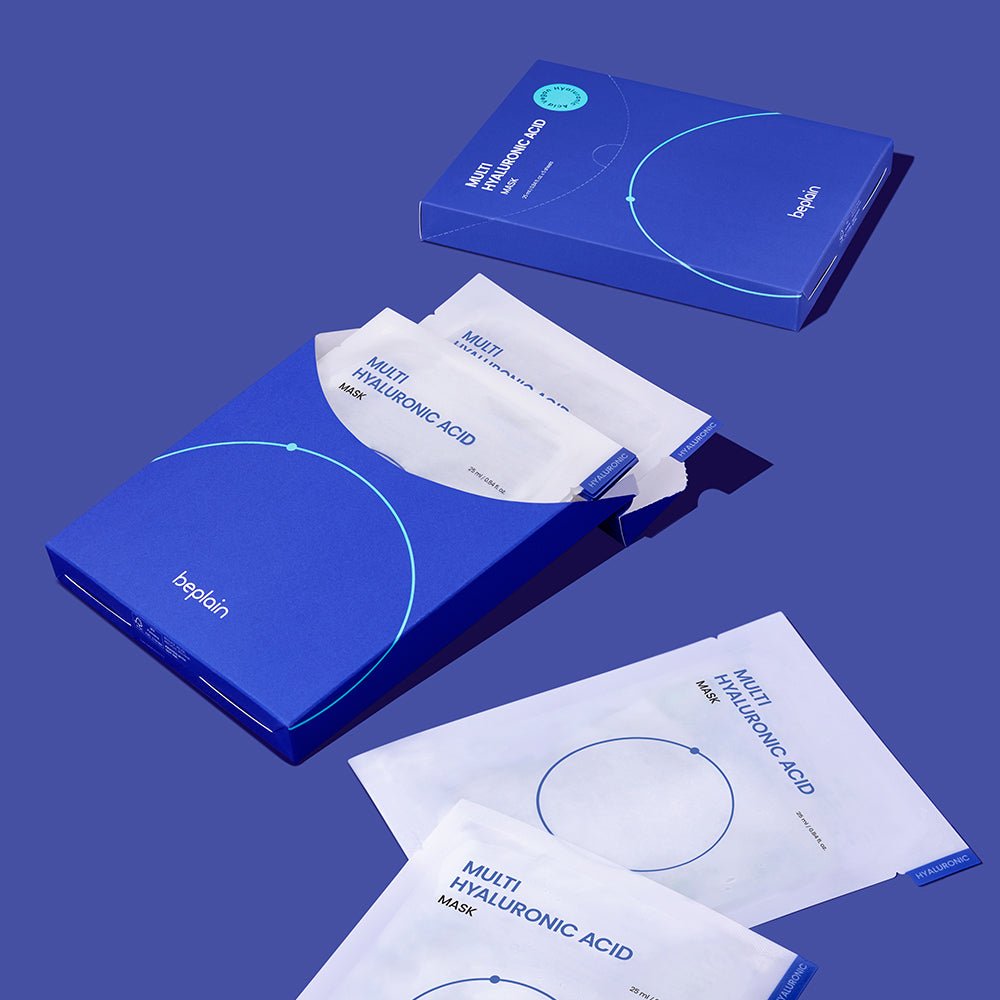 beplain Multi Hyaluronic Acid Mask 10P in blue box with white sachets emphasizing long-lasting hydration benefits