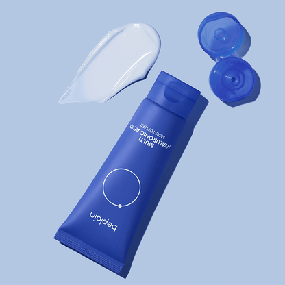 beplain Multi Hyaluronic Acid Moisturizer 70ml in blue tube with opened cap and creamy white texture on pale blue background