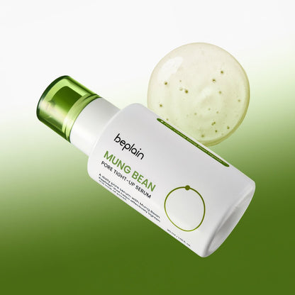 beplain Mung Bean Pore Tight-up Serum 30ml with green pump cap and textured serum sample on gradient green background