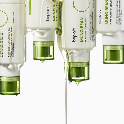 beplain Mung Bean Pore Tight-up Serum 30ml bottles with clear serum dripping highlighting pore tightening effect