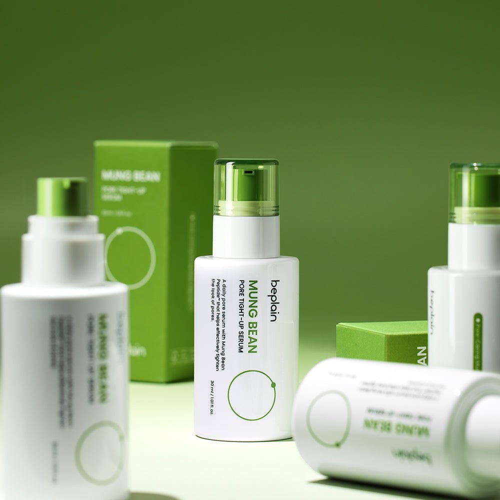 beplain Mung Bean Pore Tight-up Serum 30ml in white bottle with green cap and minimalist design on green background