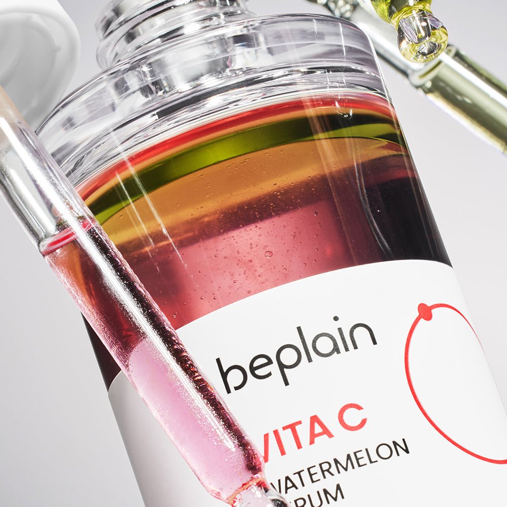 beplain Vita C Watermelon Serum 30ml in clear bottle with dropper highlighting enhanced brightening benefits