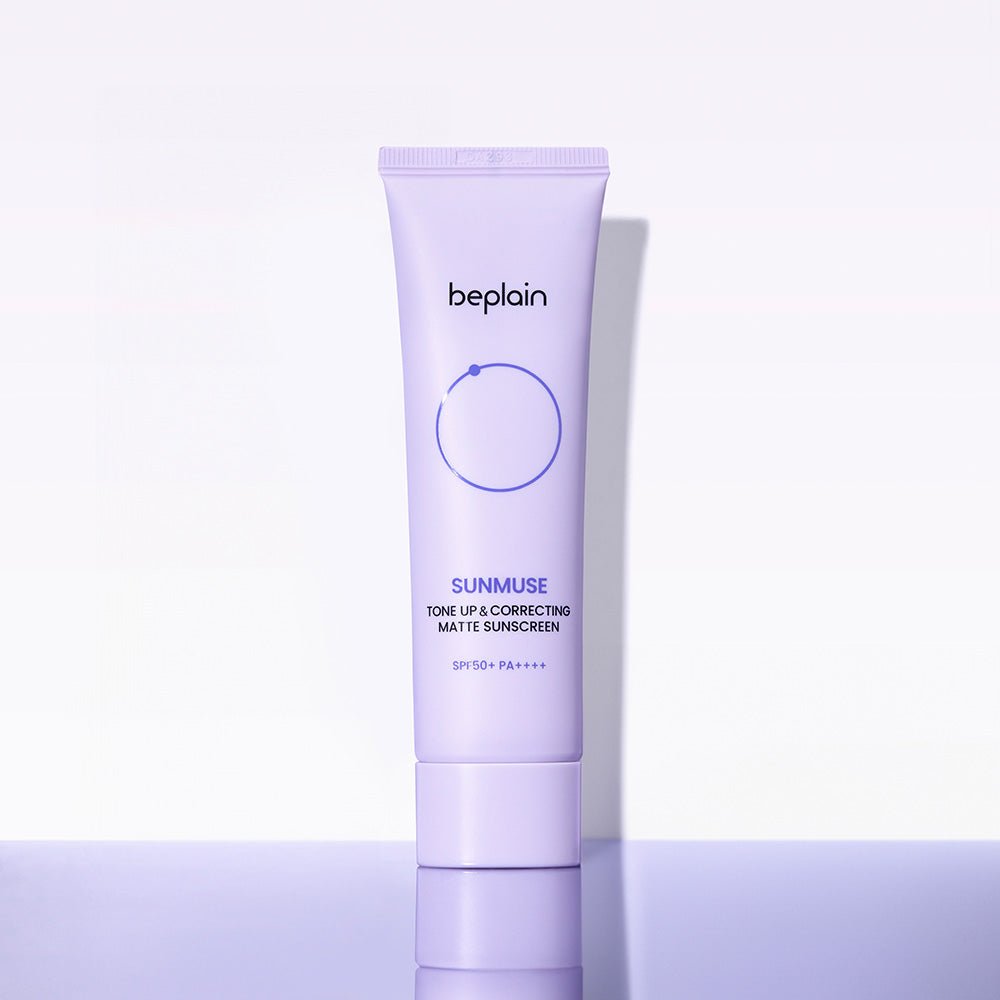 beplain Sunmuse Tone-Up & Correcting [Matte] Sunscreen (SPF50+/PA++++) 50ml in lavender tube with brightening effect on light background