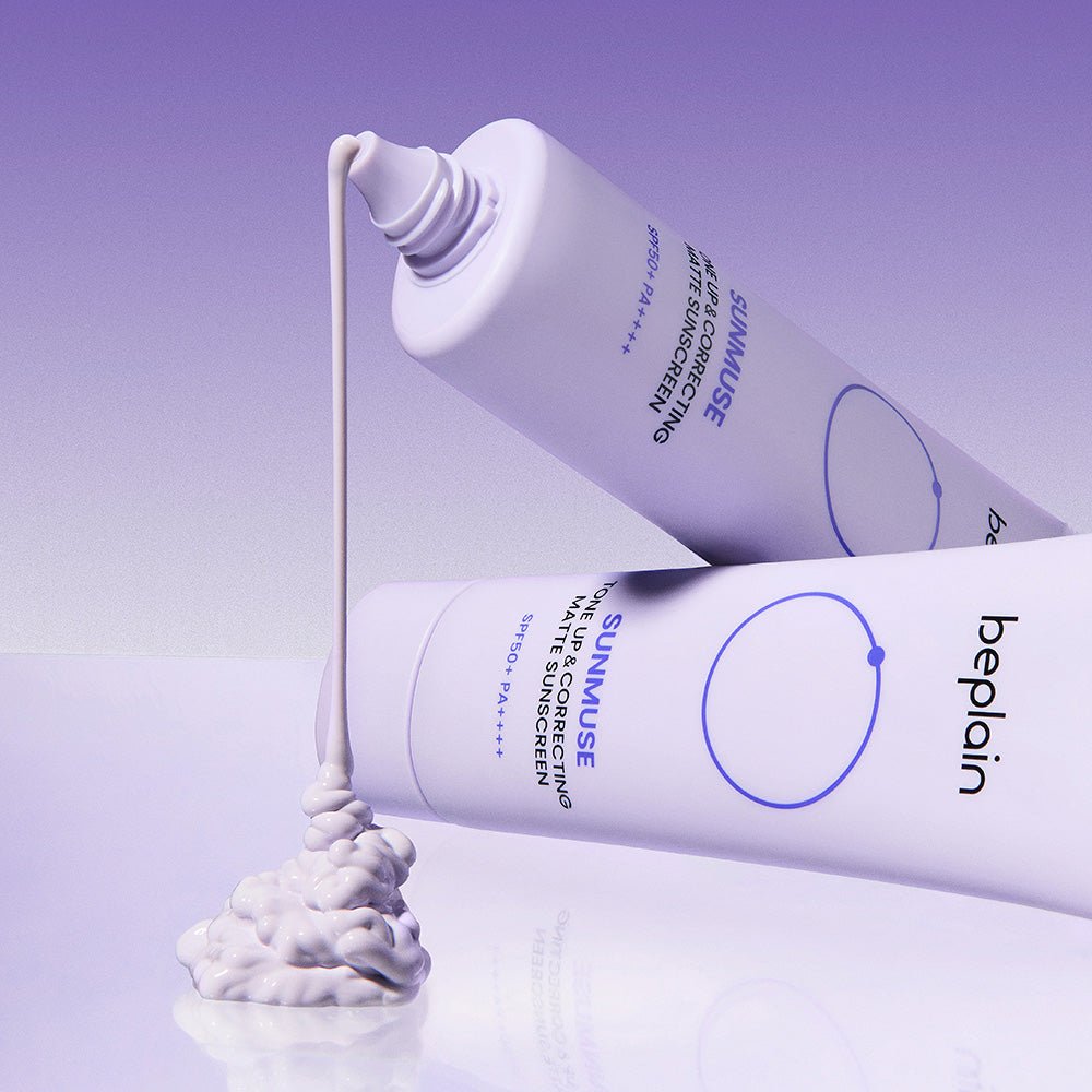 beplain Sunmuse Tone-Up & Correcting [Matte] Sunscreen (SPF50+/PA++++) 50ml with smooth cream texture on purple background