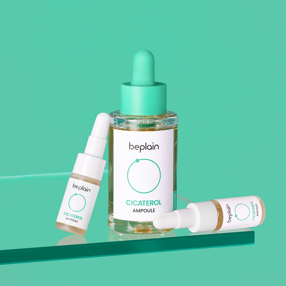 beplain Cicaterol Ampoule 30ml with soothing formula in clear glass bottle and a green dropper cap on green background