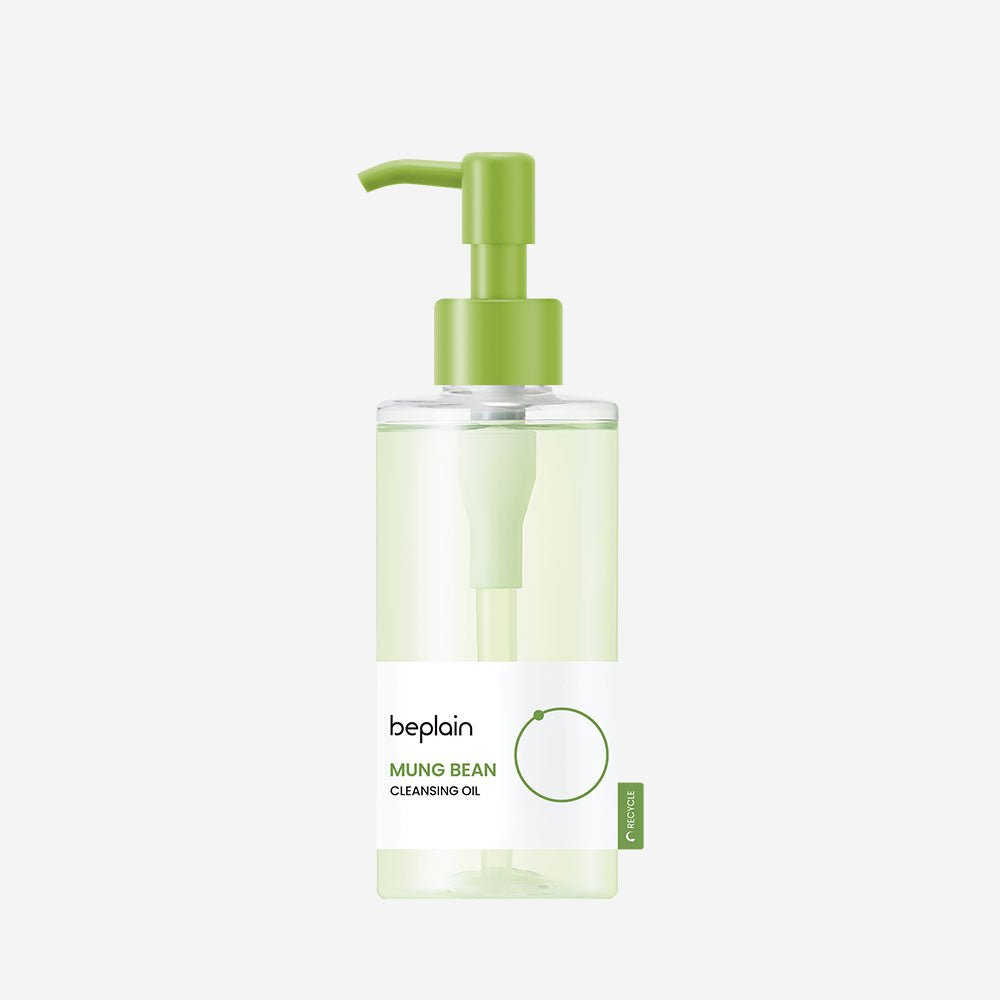beplain Mung Bean Cleansing Oil 200ml in transparent bottle with light green pump for effective makeup removal