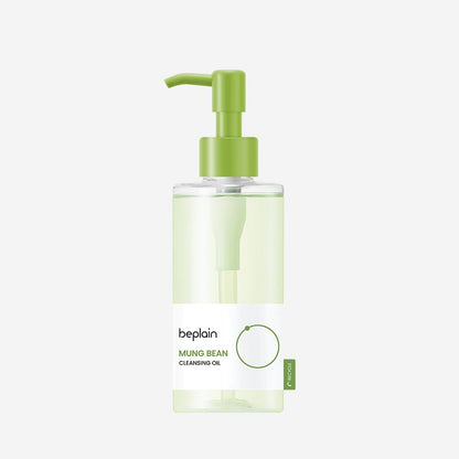 beplain Mung Bean Cleansing Oil 200ml in transparent bottle with light green pump for effective makeup removal