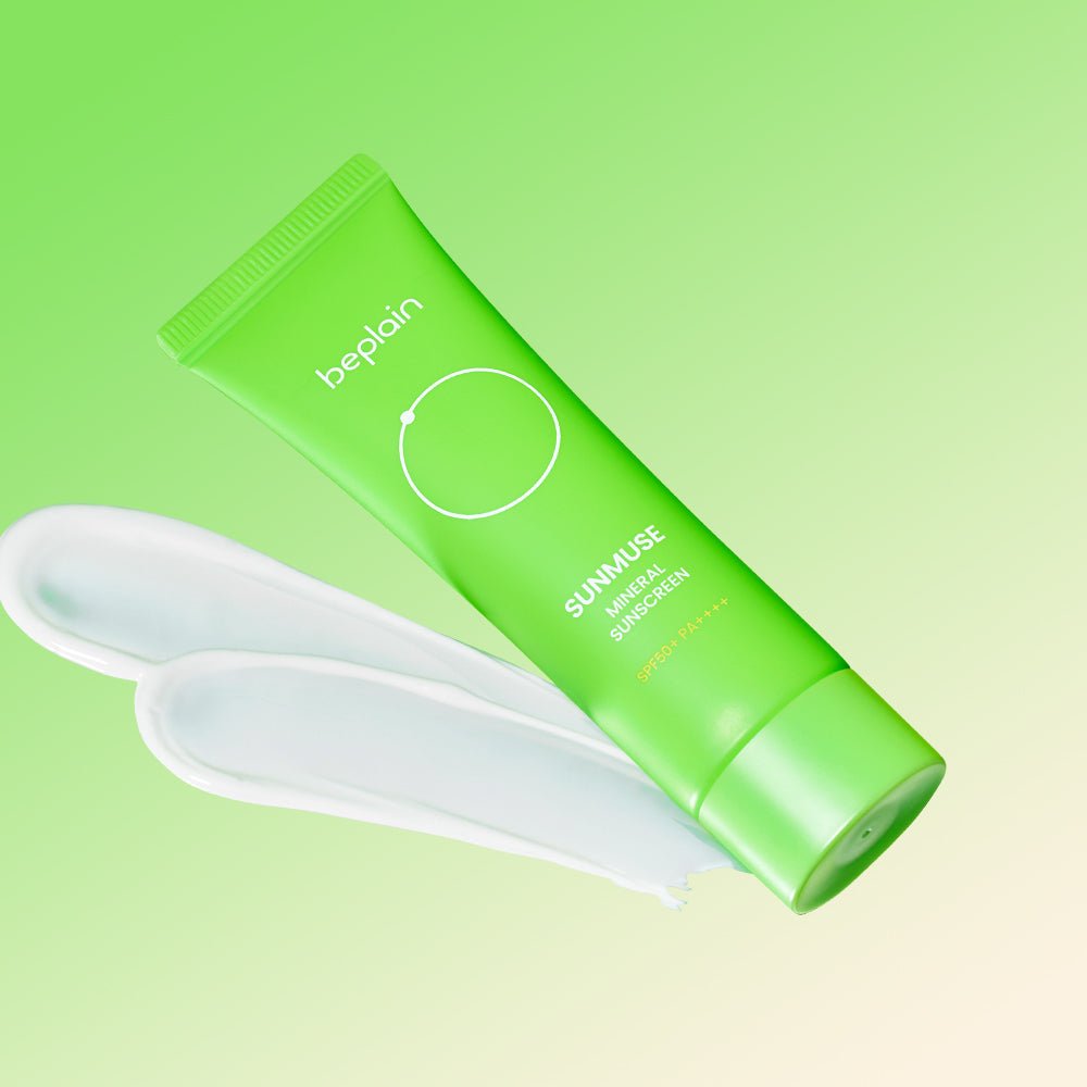 beplain Sunmuse Mineral Sunscreen (SPF50+ / PA++++) 50ml in green tube with white cream swatch for high protection