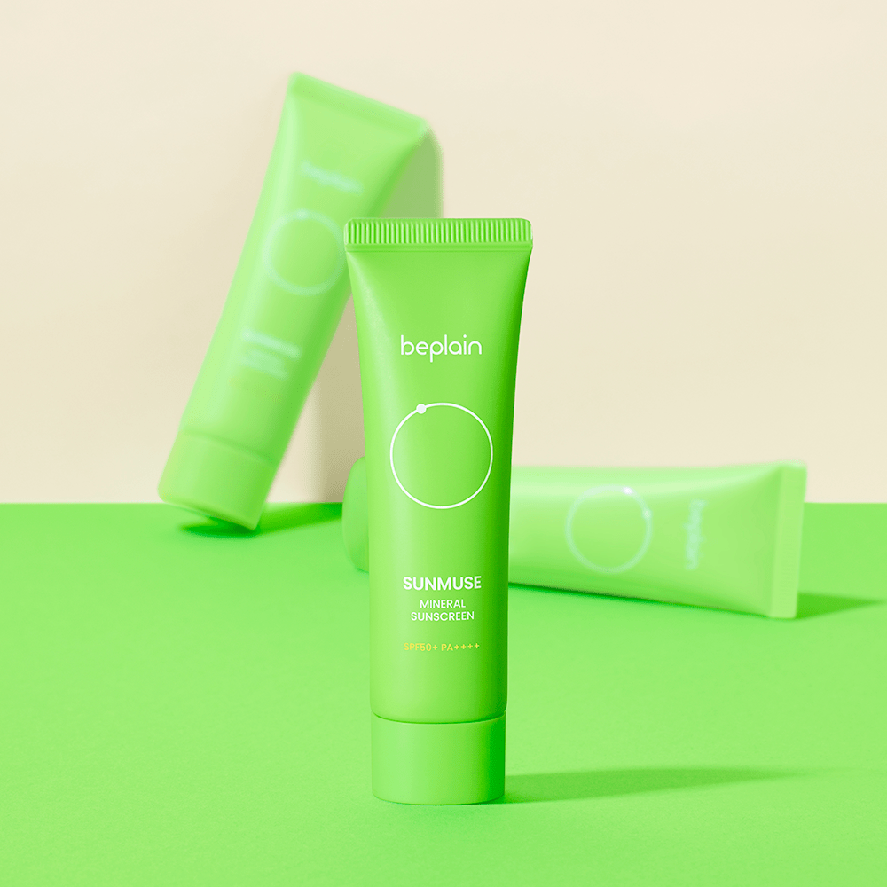 beplain Sunmuse Mineral Sunscreen (SPF50+ / PA++++) 50ml in green tube offering high protection against sun damage