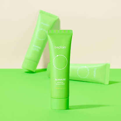 beplain Sunmuse Mineral Sunscreen (SPF50+ / PA++++) 50ml in green tube offering high protection against sun damage