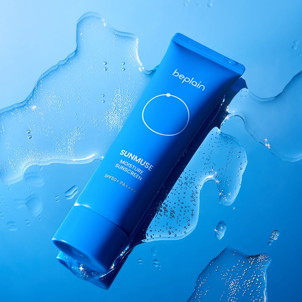 beplain Sunmuse Moisture Sunscreen (SPF50+/PA++++) 50ml in blue tube on wet surface for high protection care