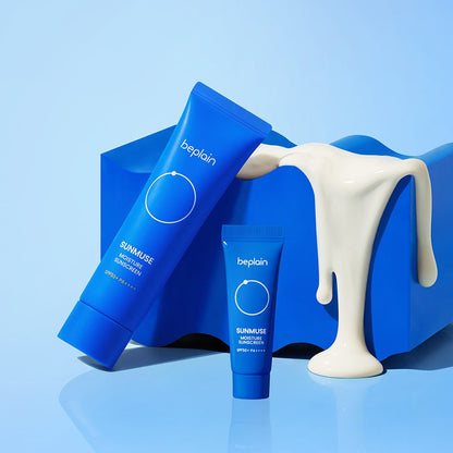 beplain Sunmuse Moisture Sunscreen (SPF50+/PA++++) 50ml in blue tubes highlighting high protection benefits