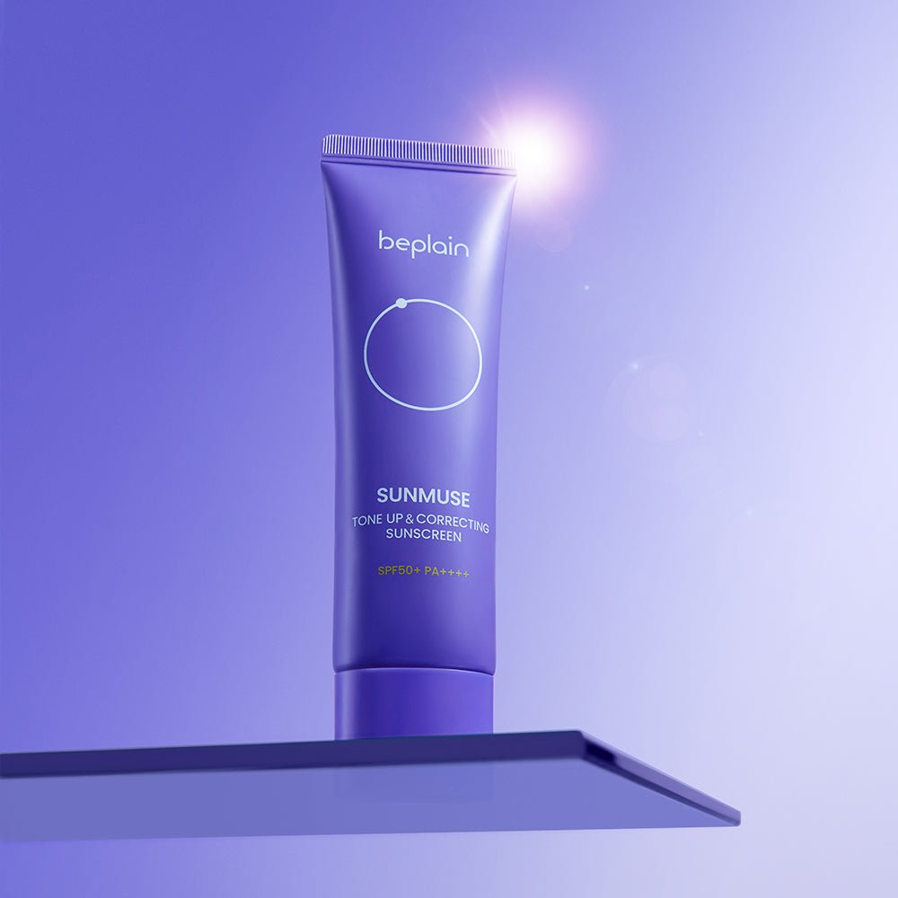 beplain Sunmuse Tone-Up & Correcting Sunscreen (SPF50+/PA++++) 50ml in purple tube with UV protection on purple background