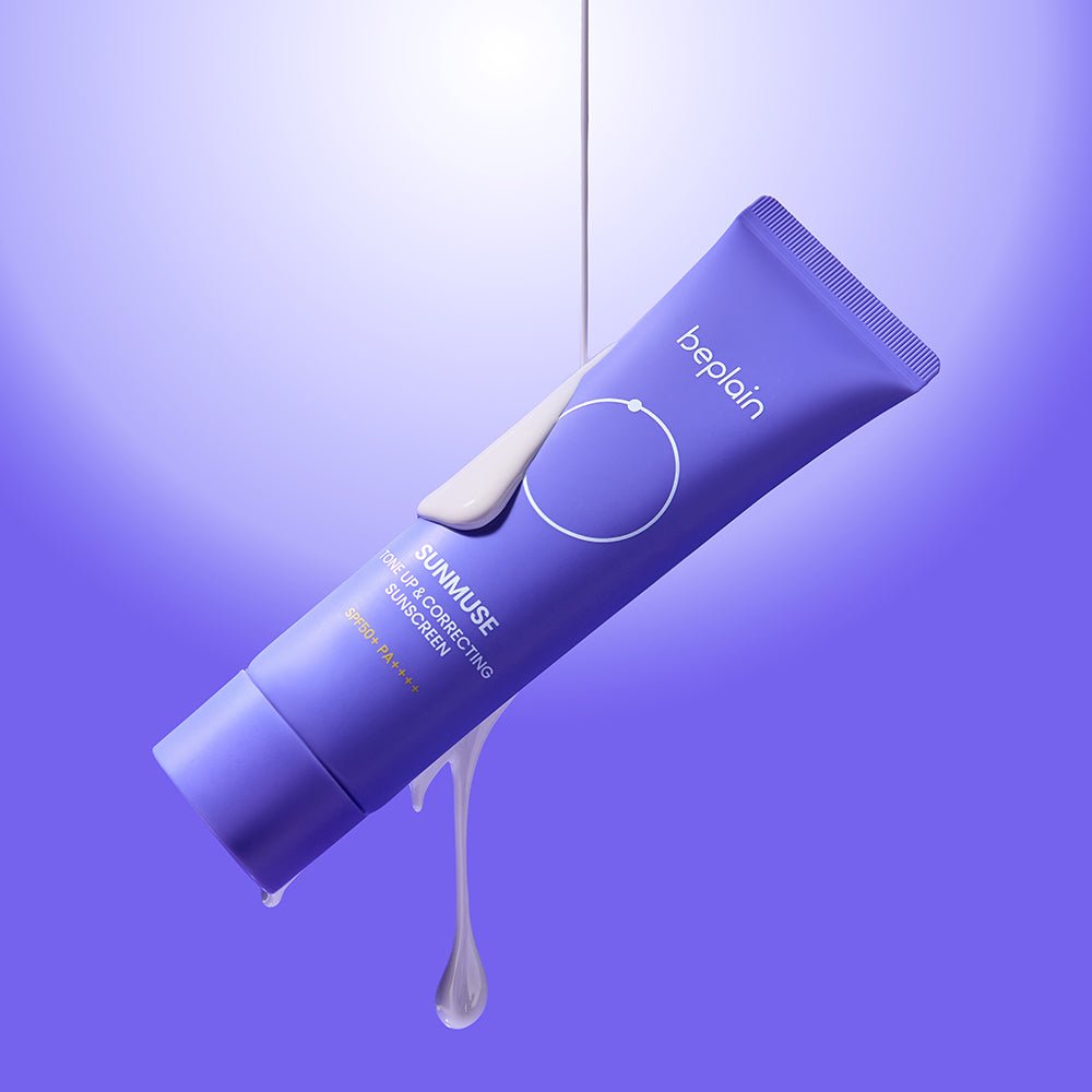 beplain Sunmuse Tone-Up & Correcting Sunscreen (SPF50+/PA++++) 50ml in purple tube with dripping cream for UV protection