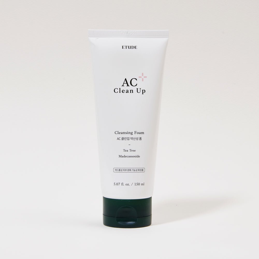 ETUDE AC Clean Up Cleansing Foam 150ml in white tube with green cap designed for deep cleansing and skin clarity