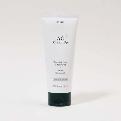 ETUDE AC Clean Up Cleansing Foam 150ml in a white tube with dark green cap for deep cleansing with tea tree and madecassoside