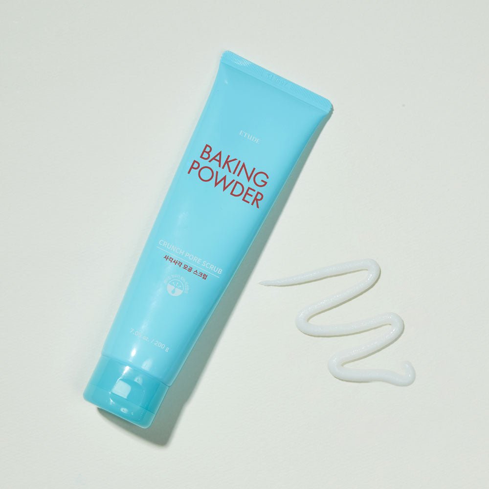 ETUDE Baking Powder Crunch Pore Scrub 200g in blue tube with white creamy scrub for deep pore cleansing care