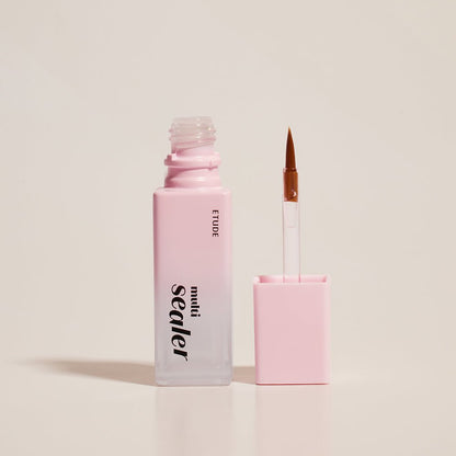 ETUDE Bare Edge Makeup Multi Sealer 8g with fine precision brush in frosted pale pink container for long-lasting coverage